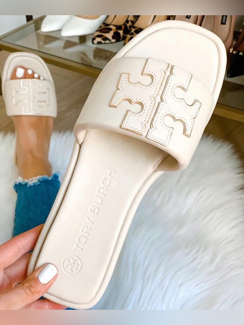 TB Women's White Logo Slide Sandals